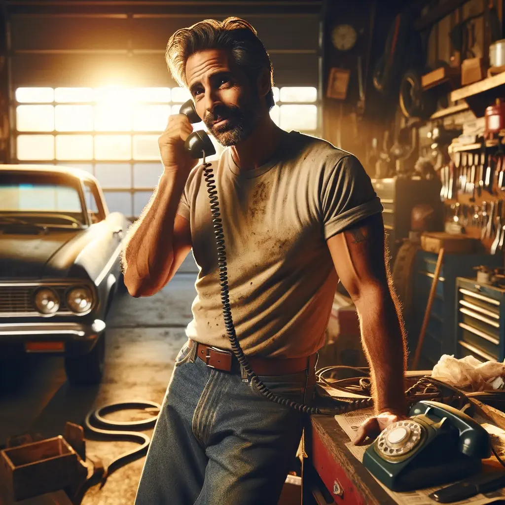 Mechanic on the phone in an an auto shop