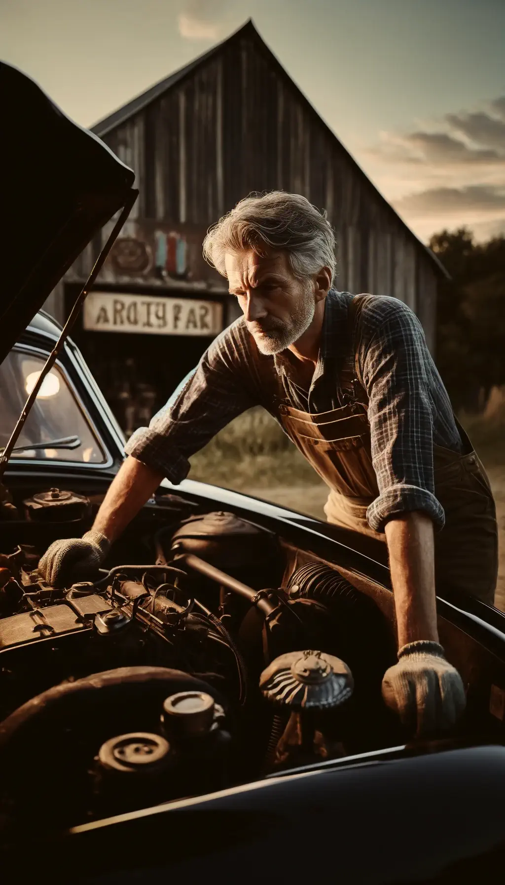 A mechanic leaning over the engine bay of a car with hood open